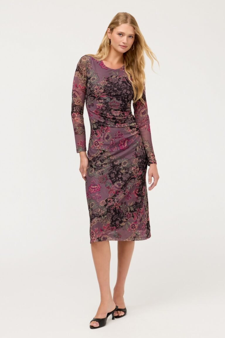 LONG SLEEVE RUCHED FRONT MESH MIDI DRESS