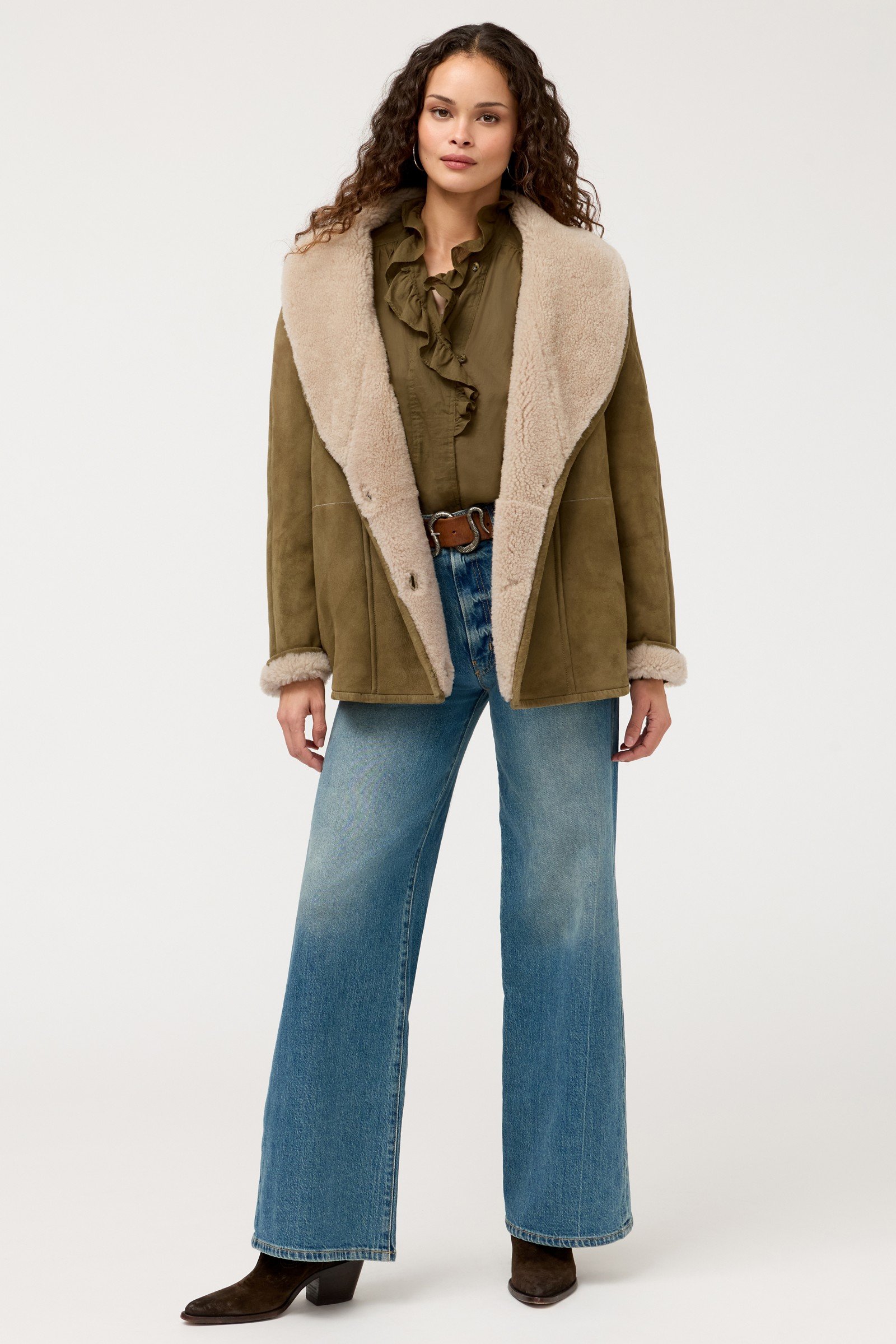 SHAWL COLLAR SHEARLING LINED SUEDE COAT