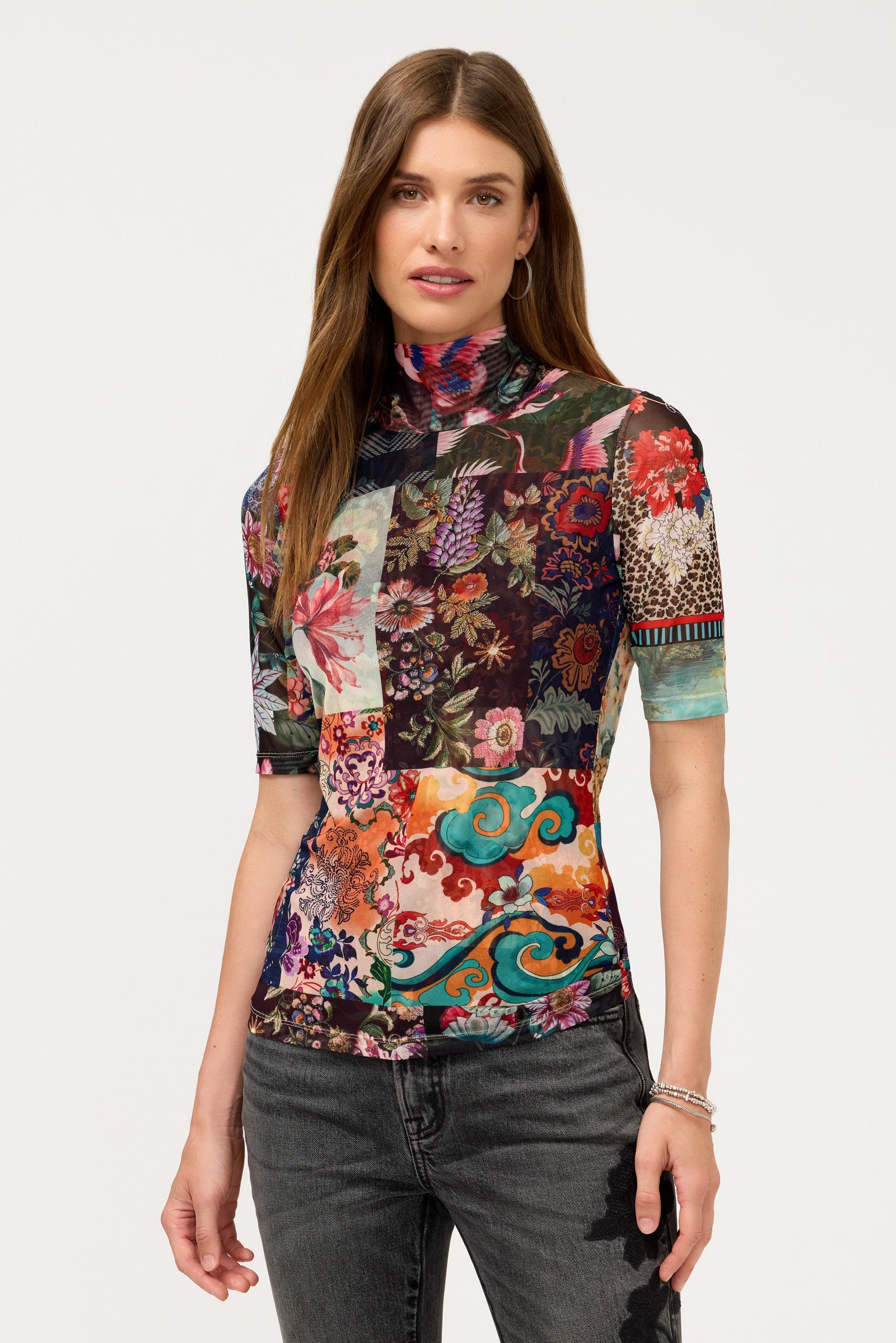 MESH ELBOW SLEEVE MOCK NECK
